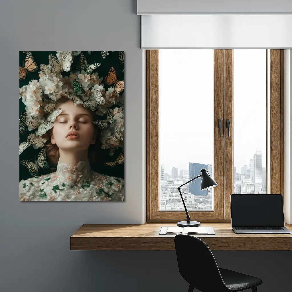 Woman With Butterflies And White Flowers – Wall Art