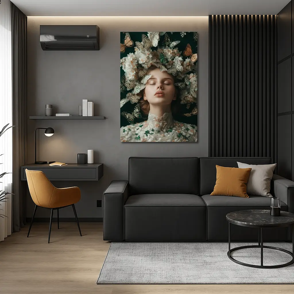 Woman With Butterflies And White Flowers – Wall Art