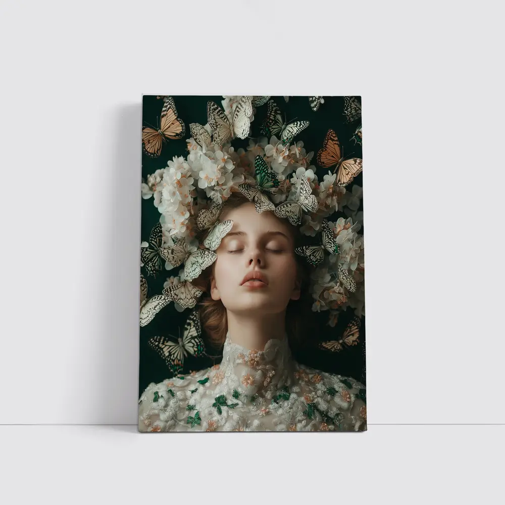 Woman With Butterflies And White Flowers – Wall Art