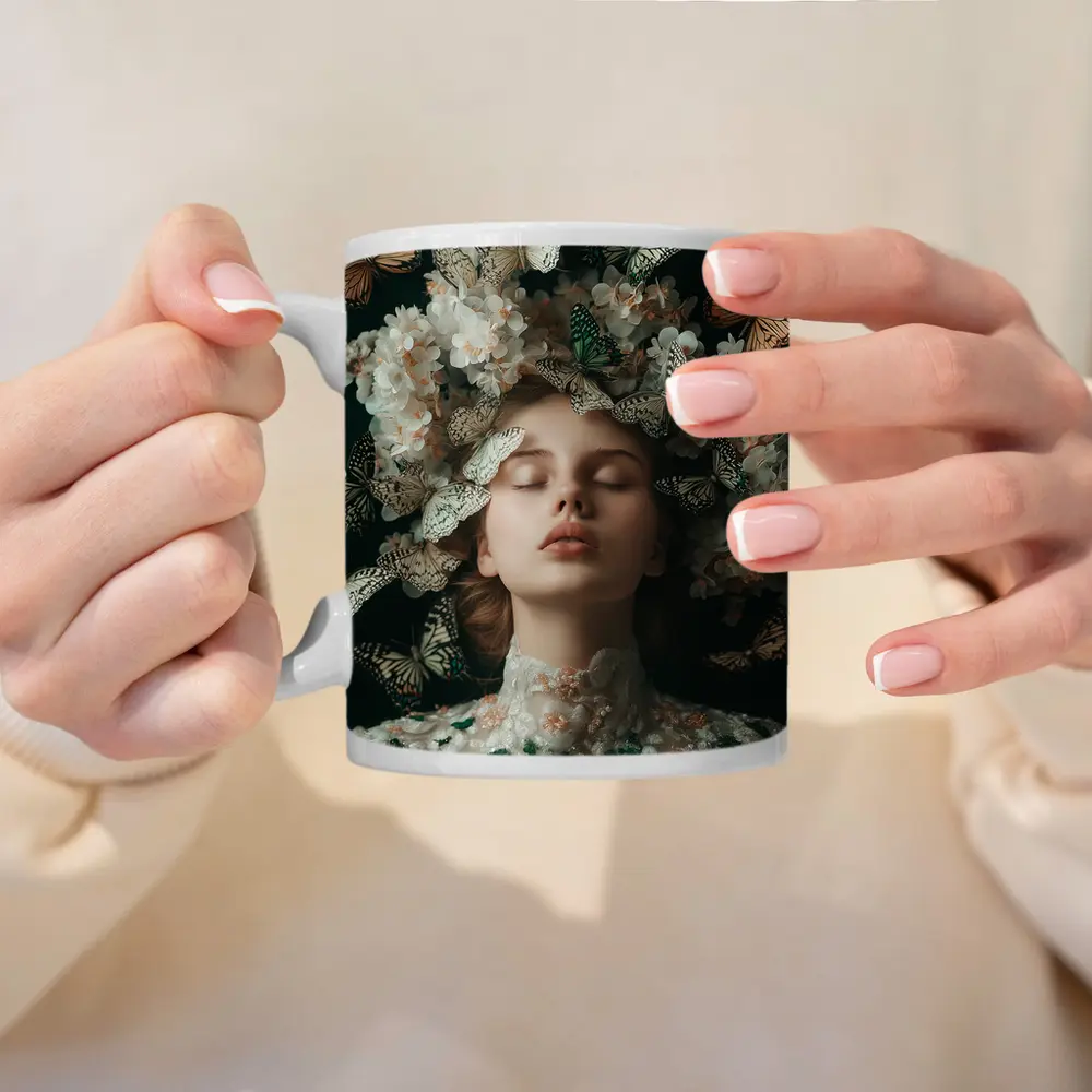 Woman With Butterflies And White Flowers – Mugs