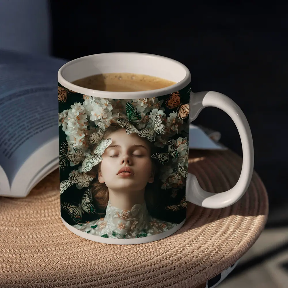 Woman With Butterflies And White Flowers – Mugs