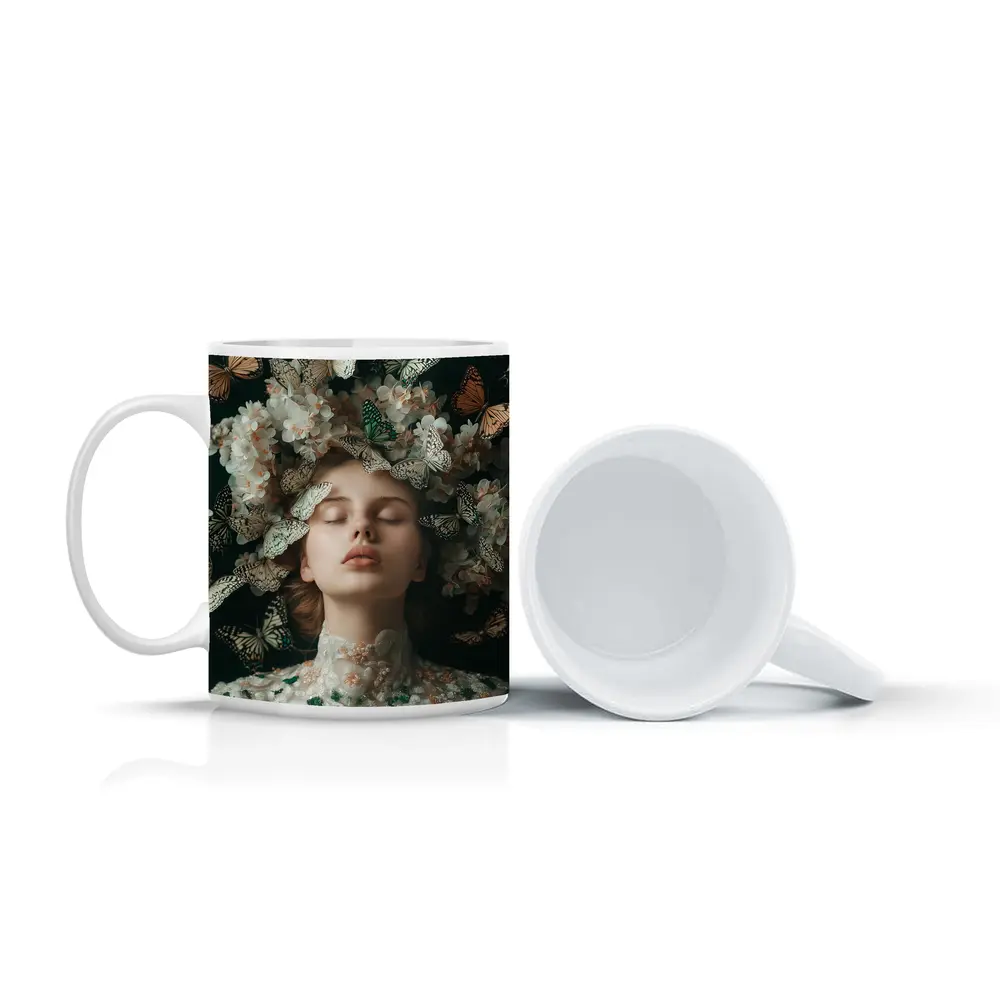 Woman With Butterflies And White Flowers – Mugs