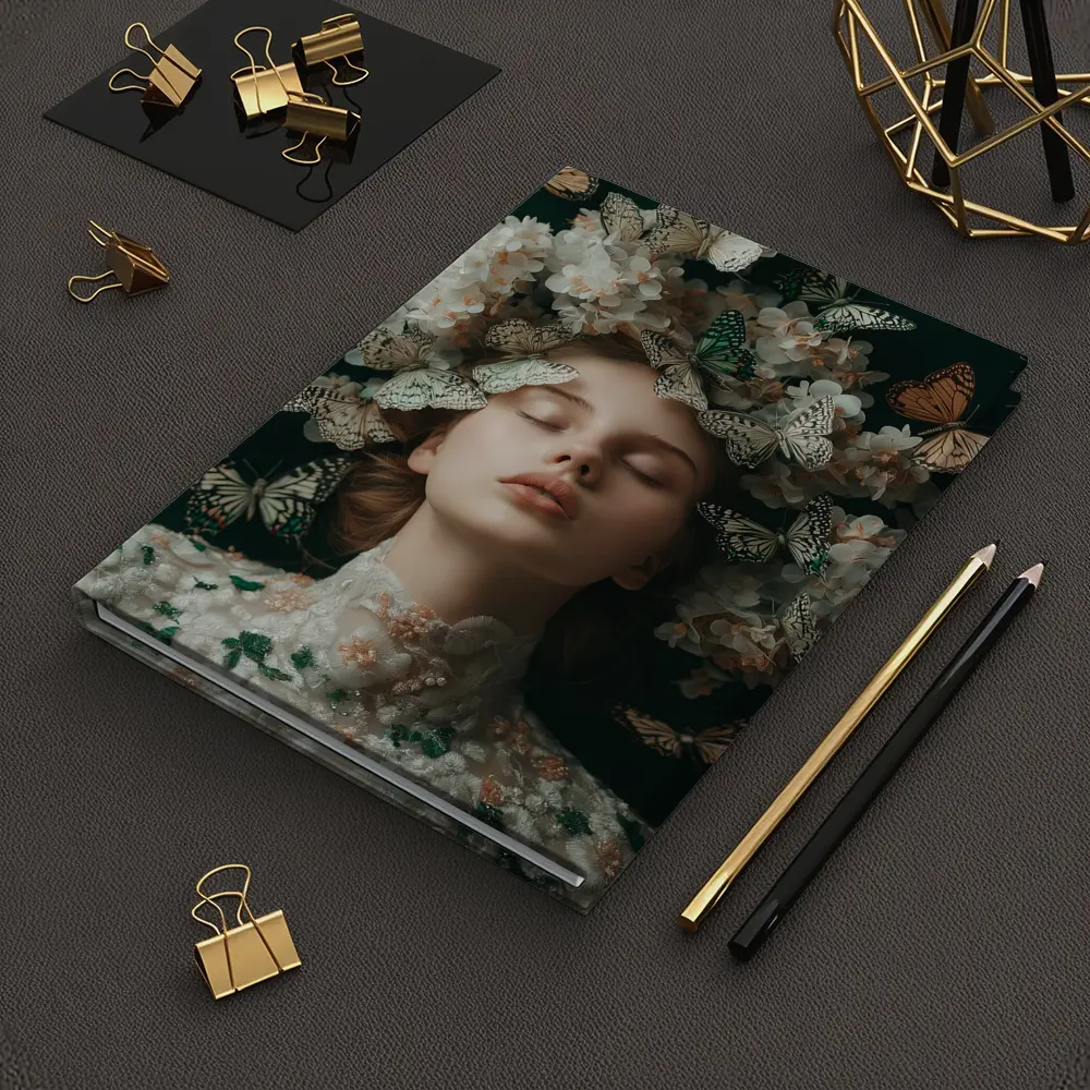 Woman With Butterflies And White Flowers – Notebooks