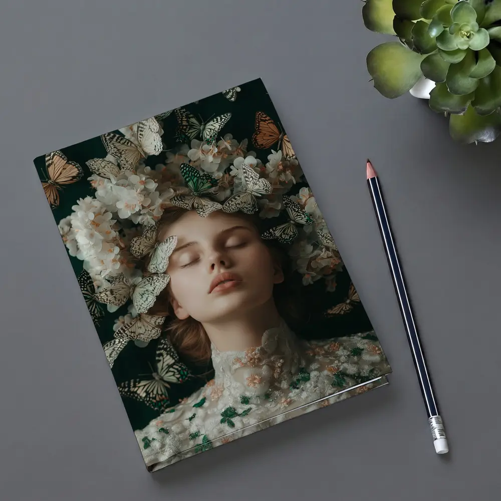 Woman With Butterflies And White Flowers – Notebooks