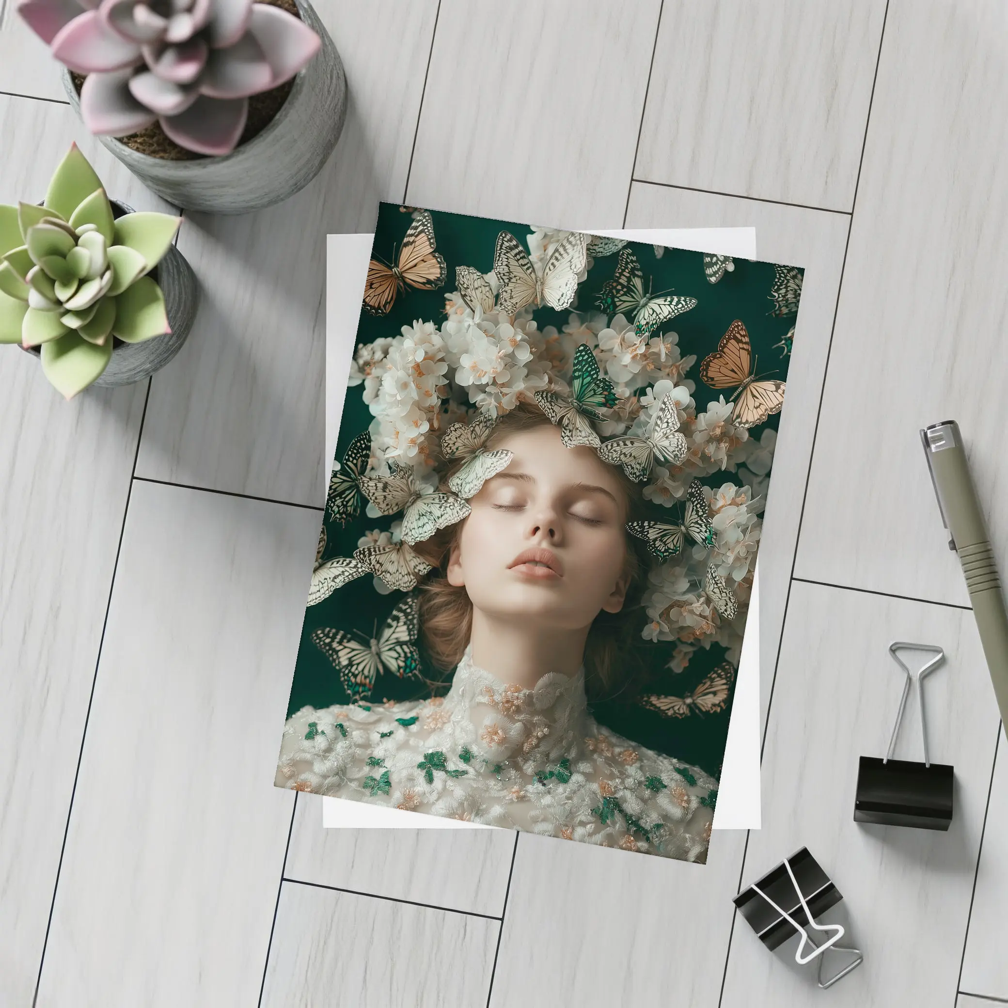 Woman With Butterflies And White Flowers – Postcards