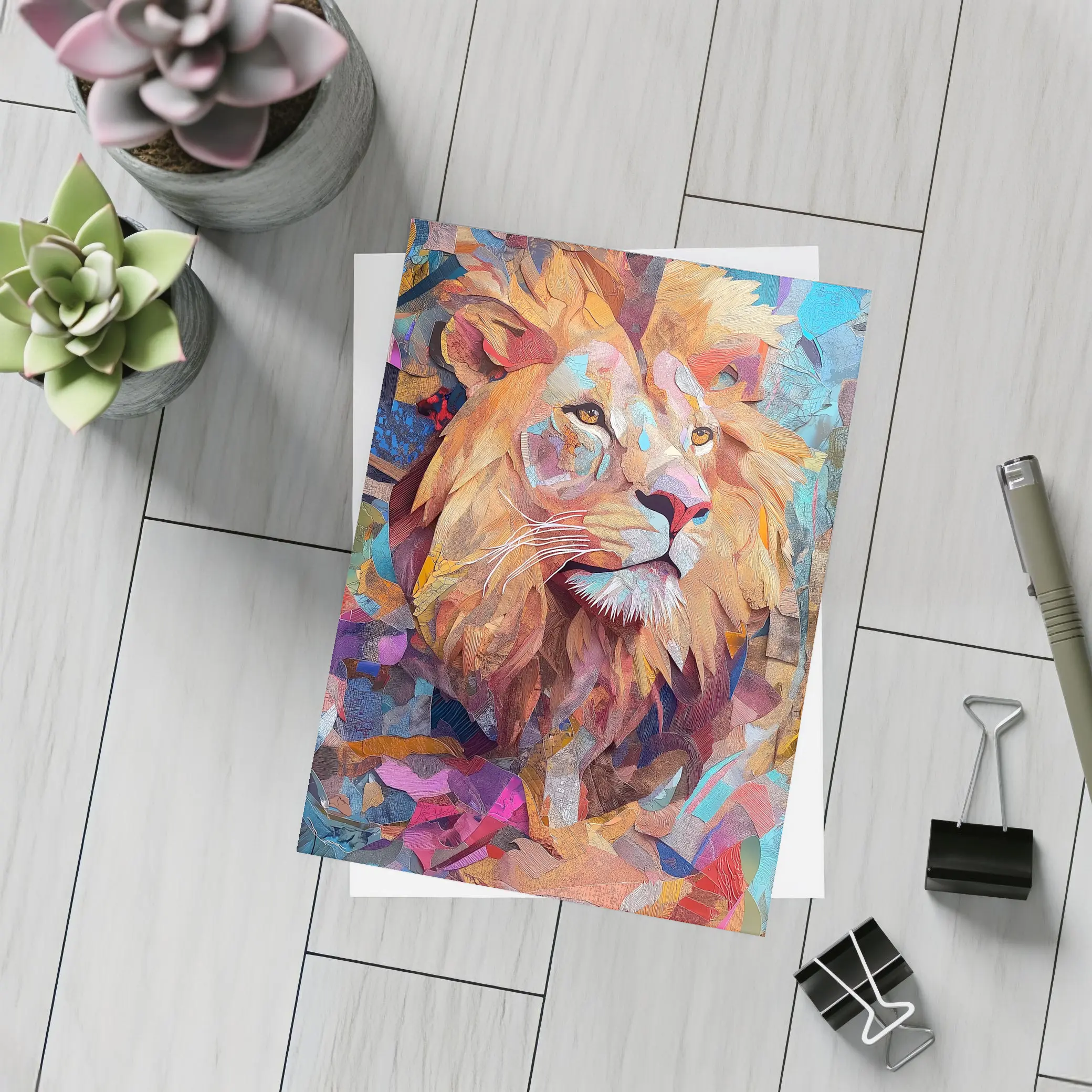 Colorful Collage Lion Art Abstract Background – Postcards