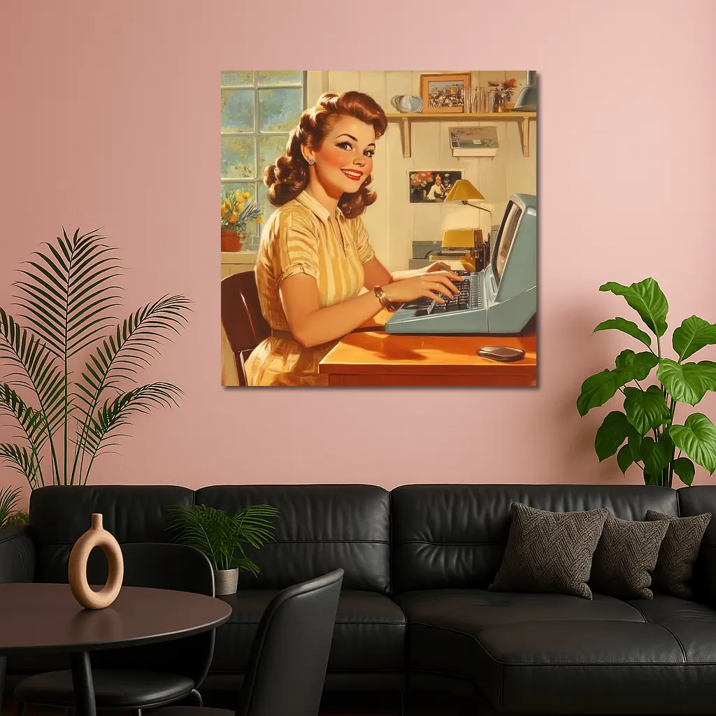 Retro Pin Up Woman Typing Vintage Home Office – Wall Art