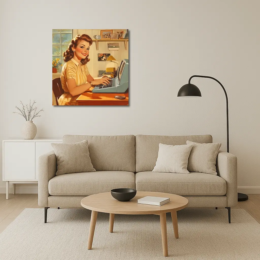 Retro Pin Up Woman Typing Vintage Home Office – Wall Art