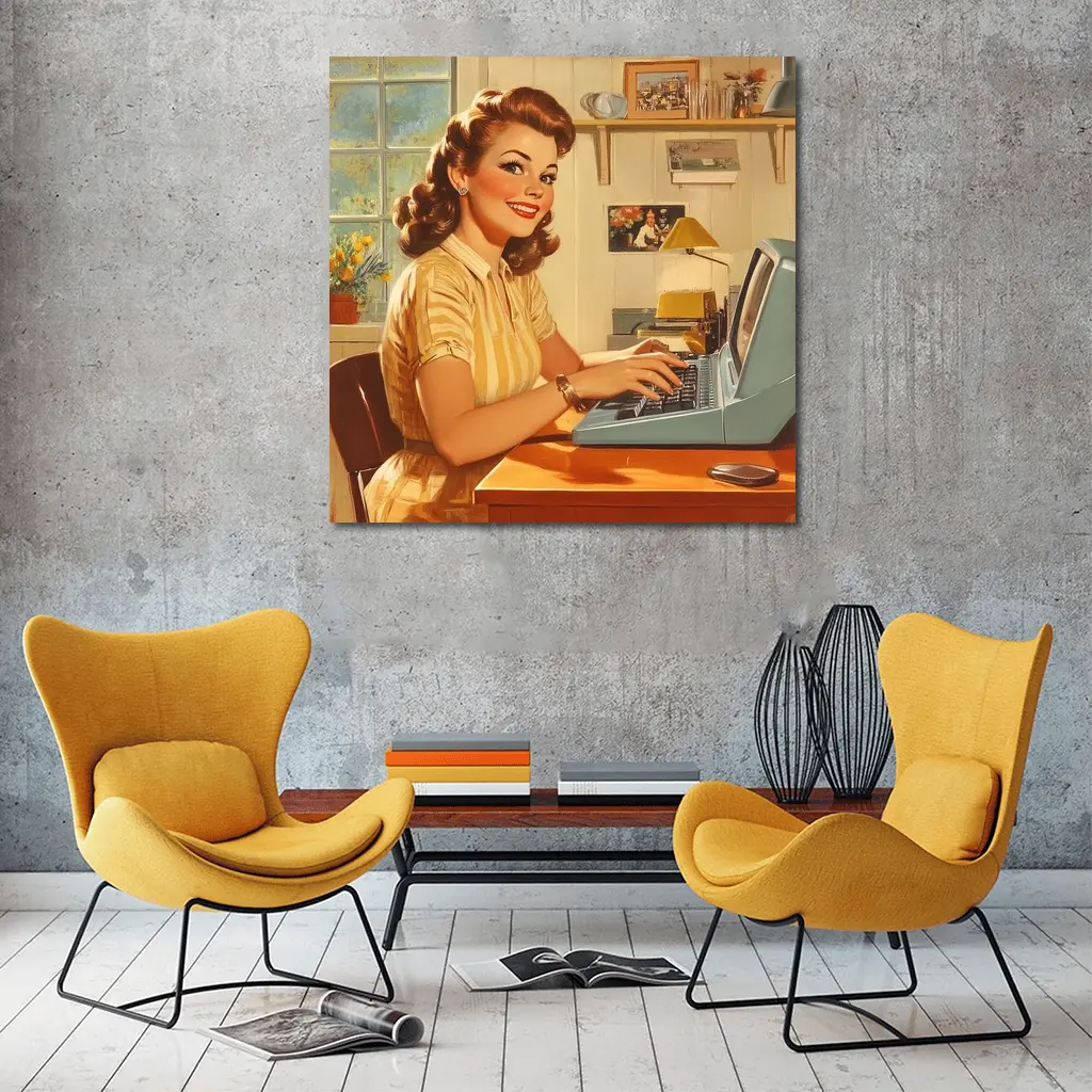 Retro Pin Up Woman Typing Vintage Home Office – Wall Art