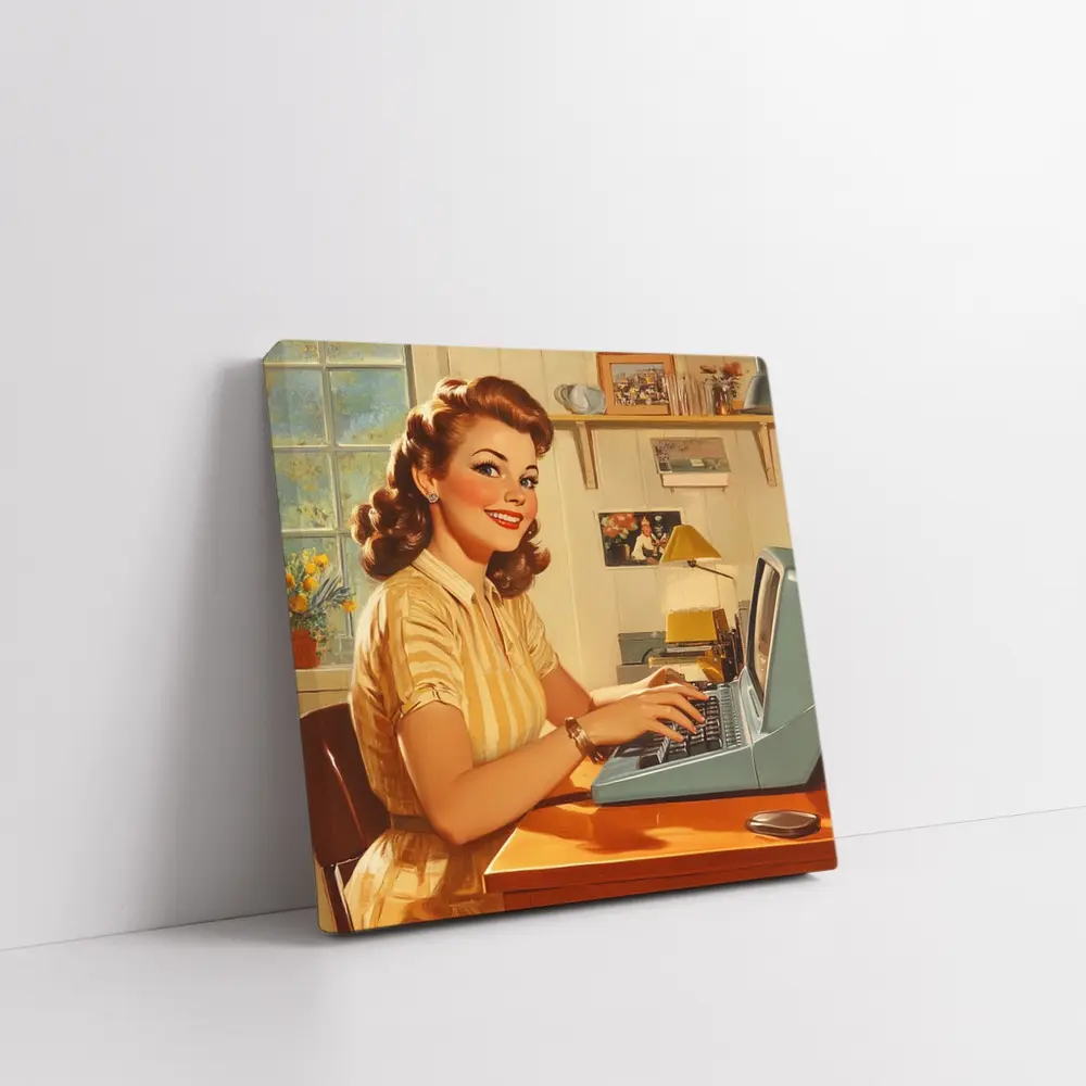 Retro Pin Up Woman Typing Vintage Home Office – Wall Art