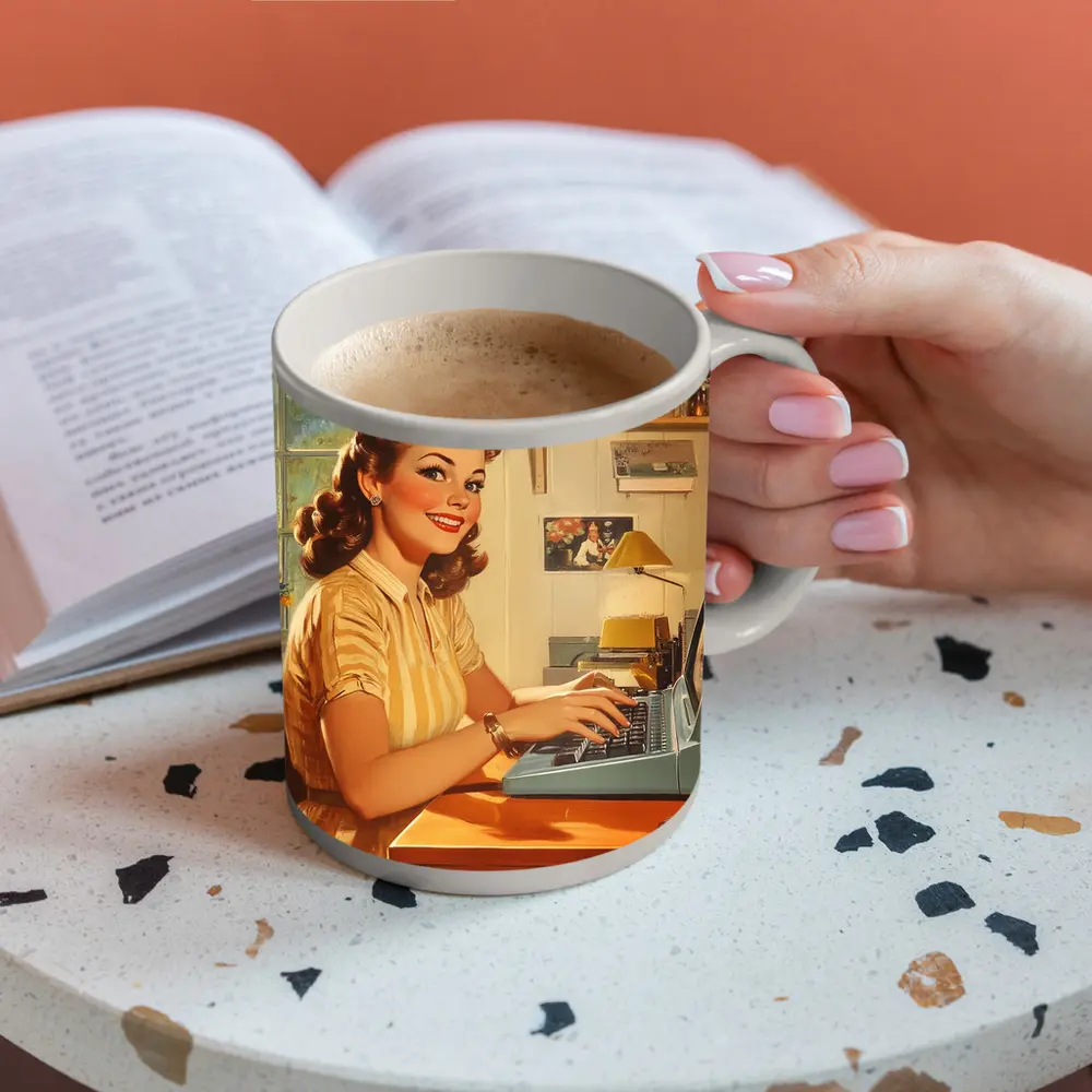 Retro Pin Up Woman Typing Vintage Home Office – Mugs
