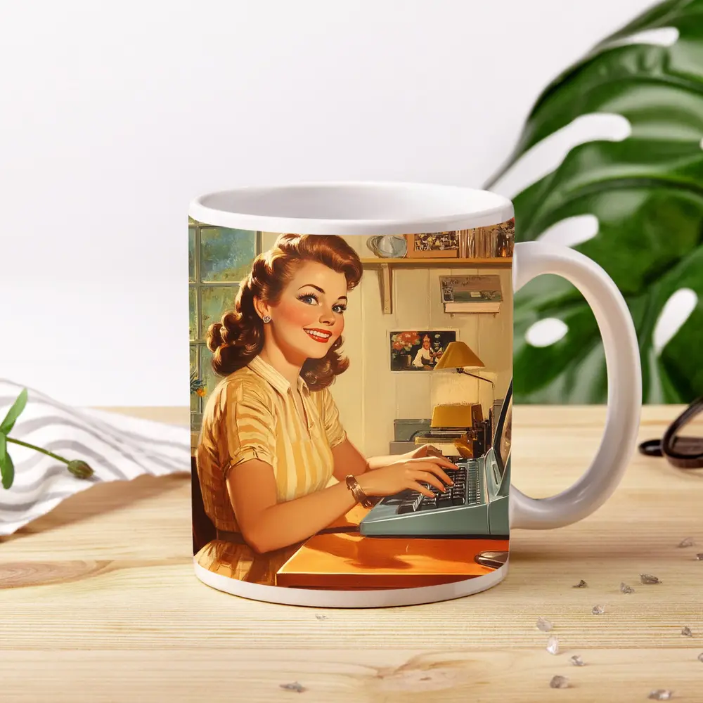 Retro Pin Up Woman Typing Vintage Home Office – Mugs