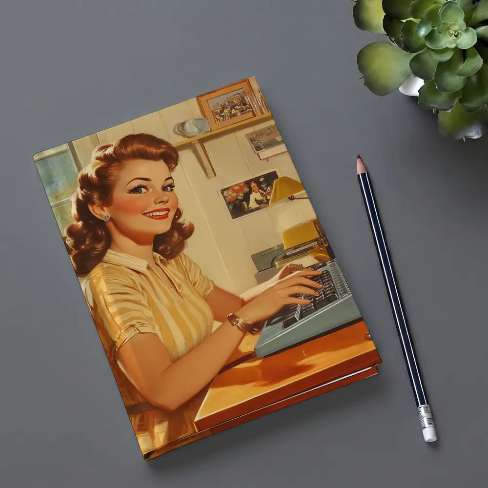 Retro Pin Up Woman Typing Vintage Home Office – Notebooks