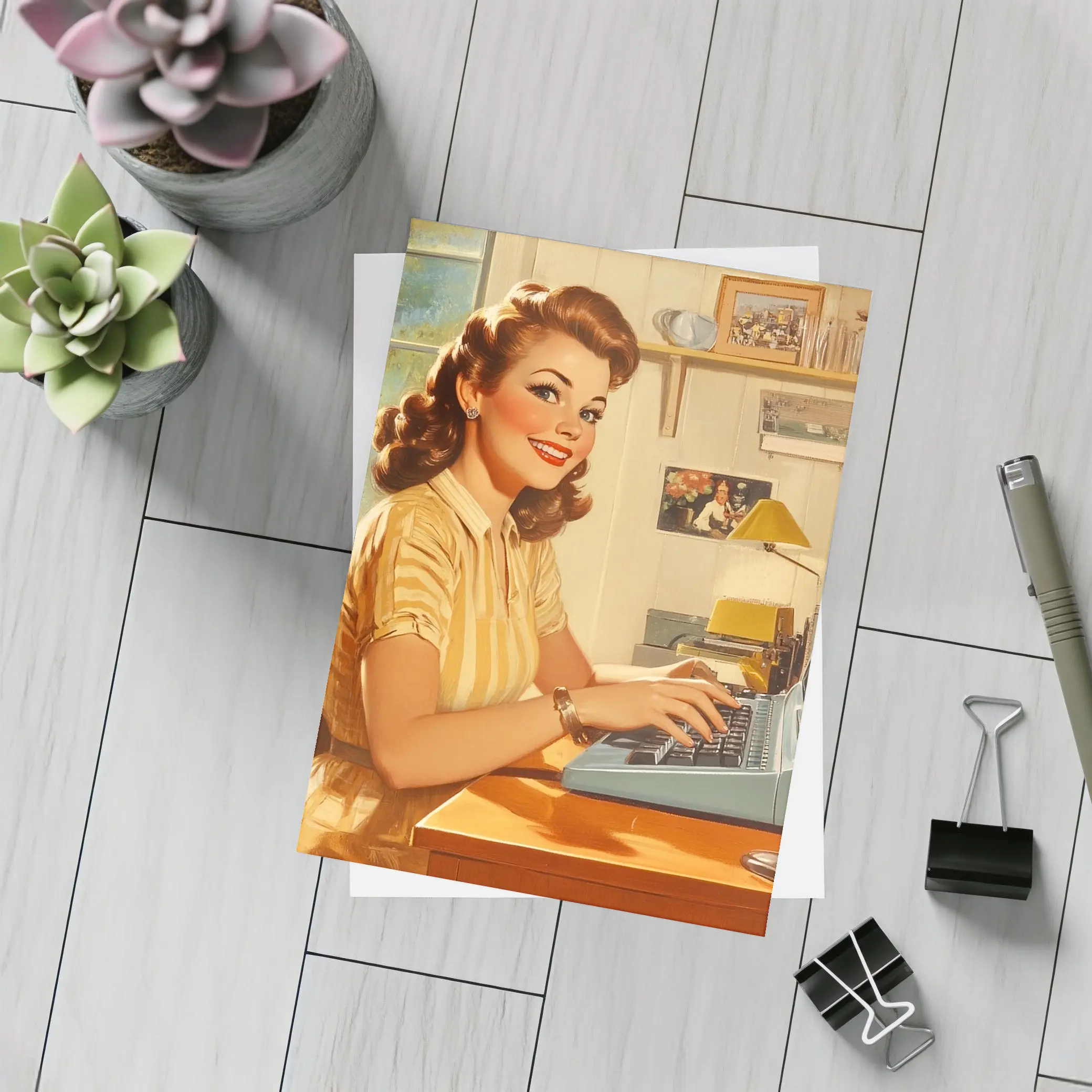 Retro Pin Up Woman Typing Vintage Home Office – Postcards