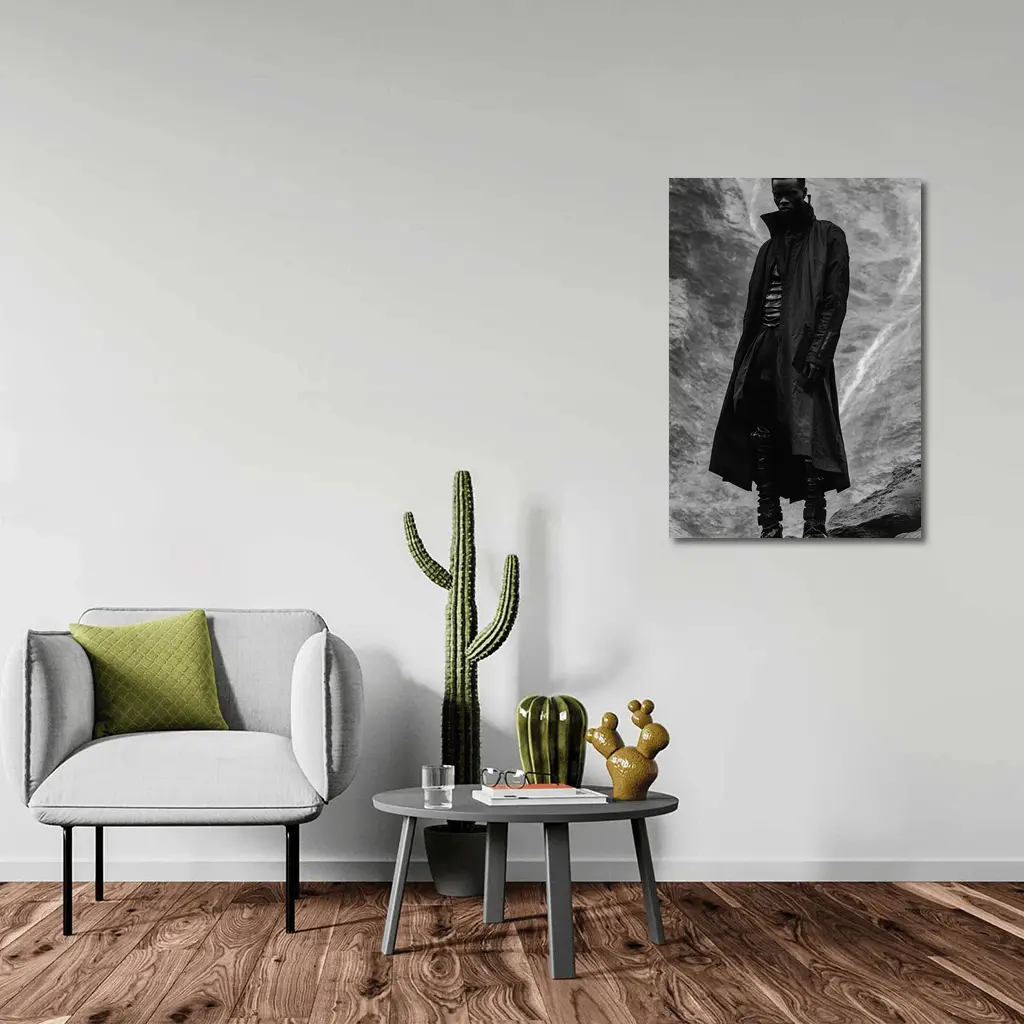 Black Coat Man Standing Rocky Landscape – Wall Art