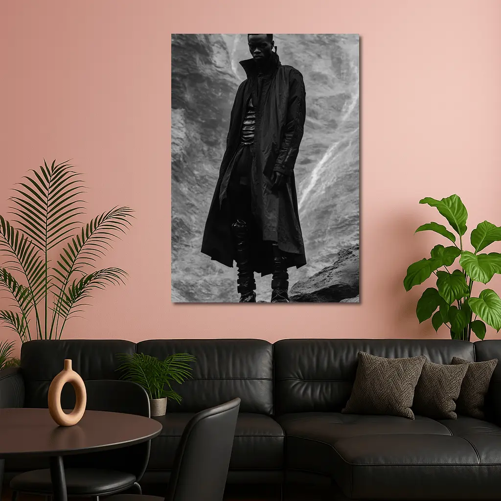 Black Coat Man Standing Rocky Landscape – Wall Art