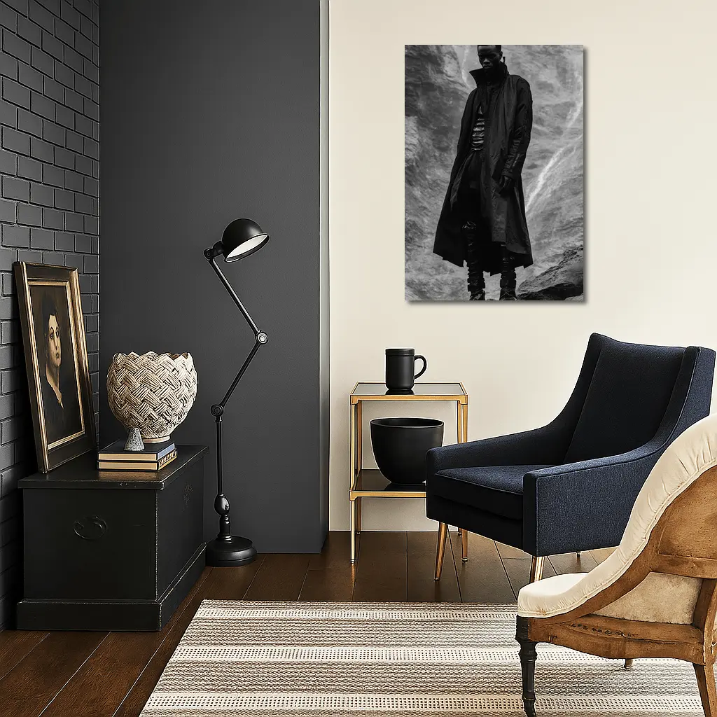Black Coat Man Standing Rocky Landscape – Wall Art