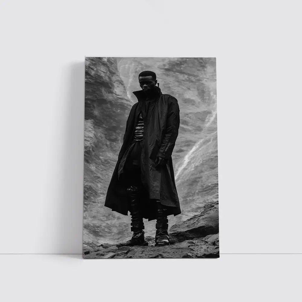Black Coat Man Standing Rocky Landscape – Wall Art