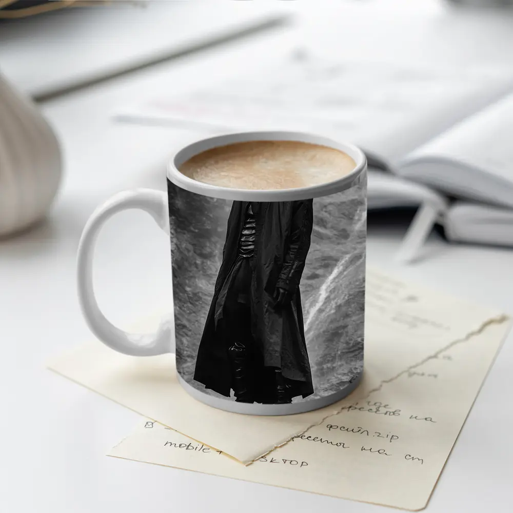 Black Coat Man Standing Rocky Landscape – Mugs