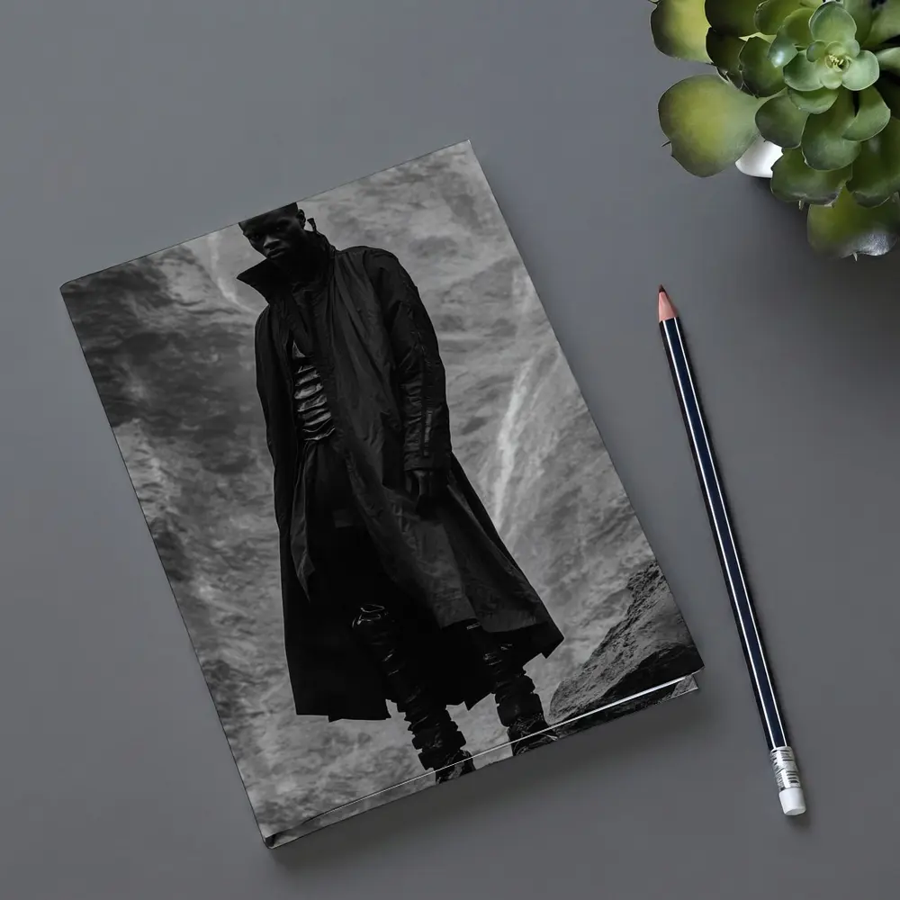 Black Coat Man Standing Rocky Landscape – Notebooks