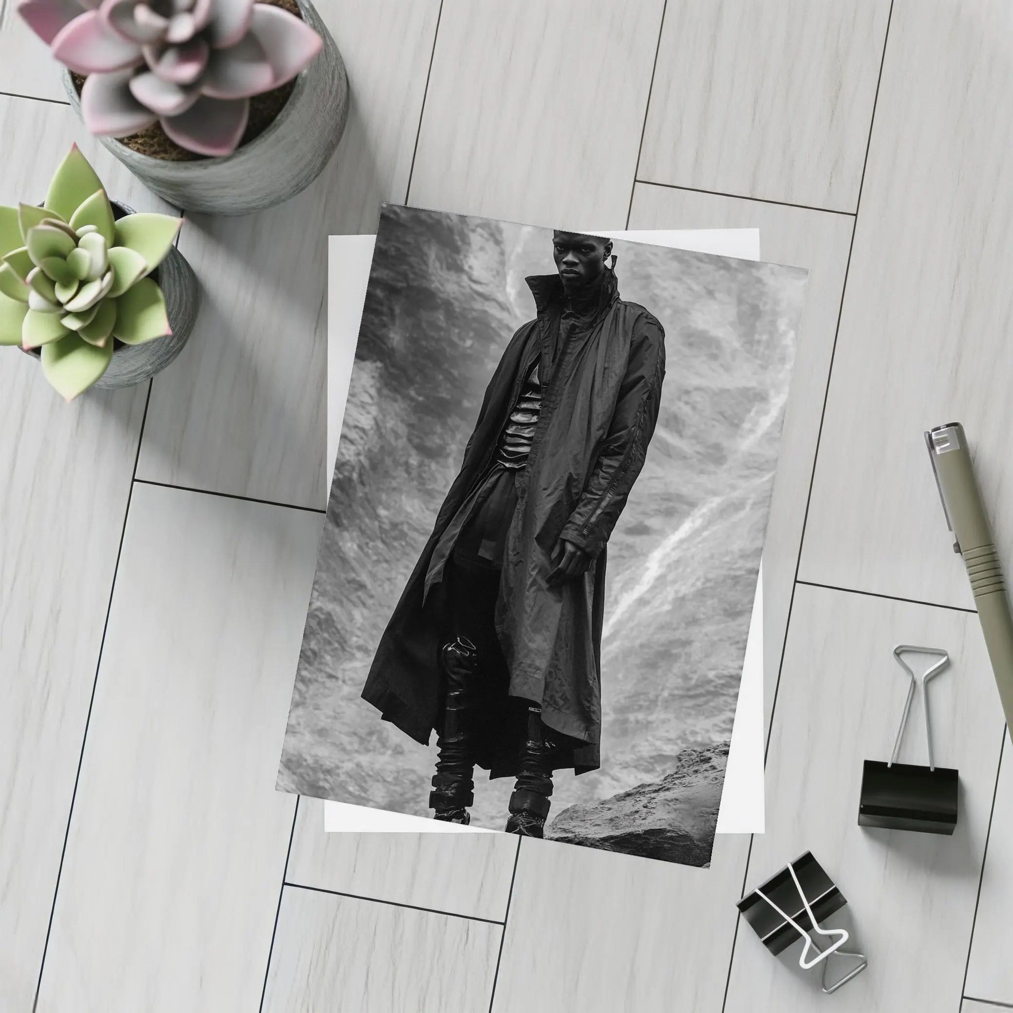 Black Coat Man Standing Rocky Landscape – Postcards