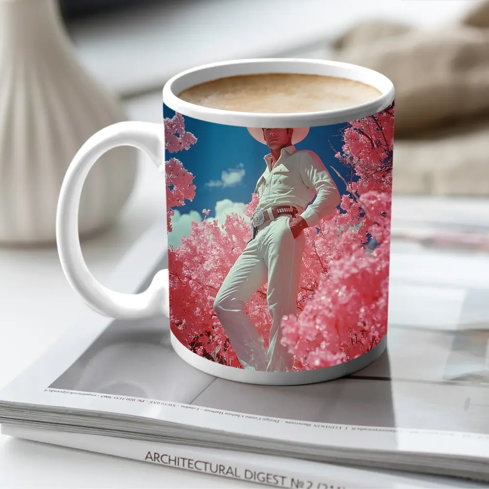 Cowboy in White Hat Pink Floral Landscape – Mugs