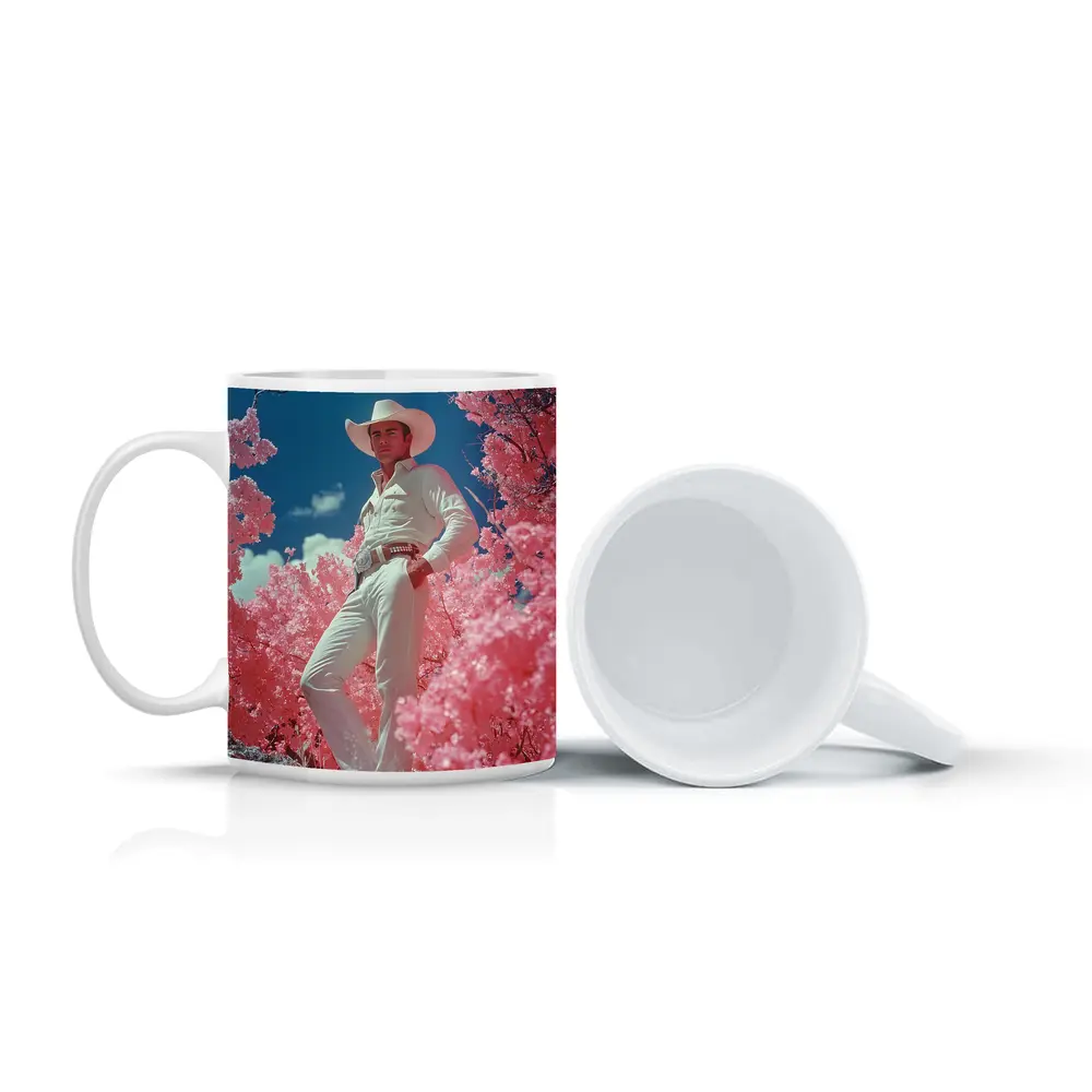 Cowboy in White Hat Pink Floral Landscape – Mugs