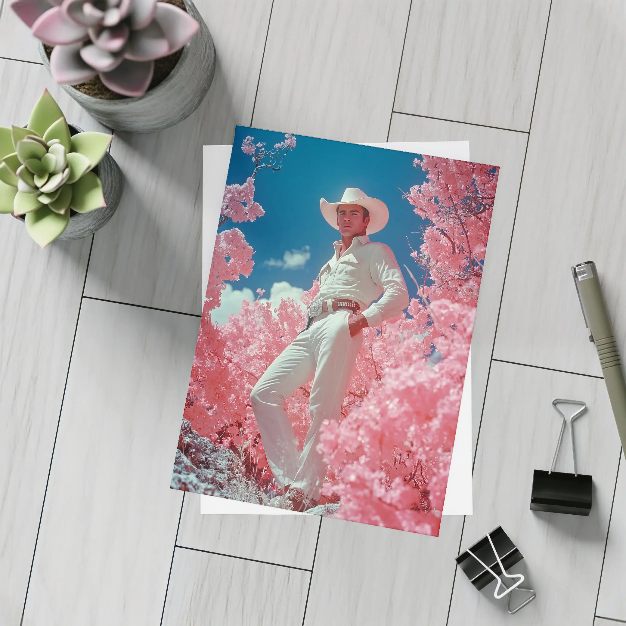 Cowboy in White Hat Pink Floral Landscape – Postcards