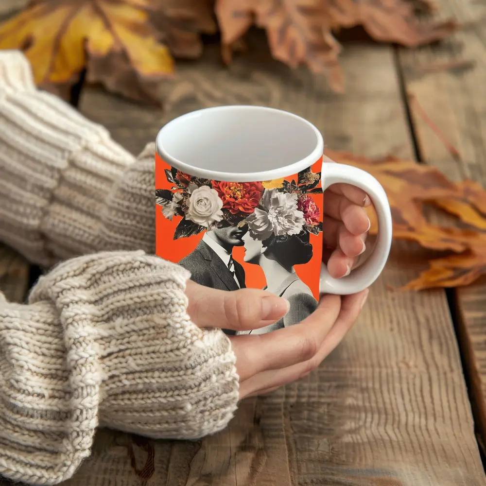 Floral Collage Couple Orange Background Art – Mugs