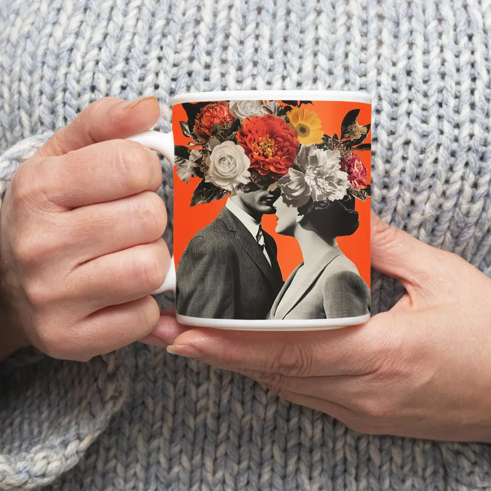 Floral Collage Couple Orange Background Art – Mugs