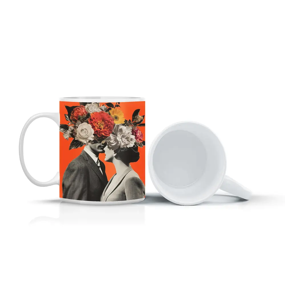 Floral Collage Couple Orange Background Art – Mugs