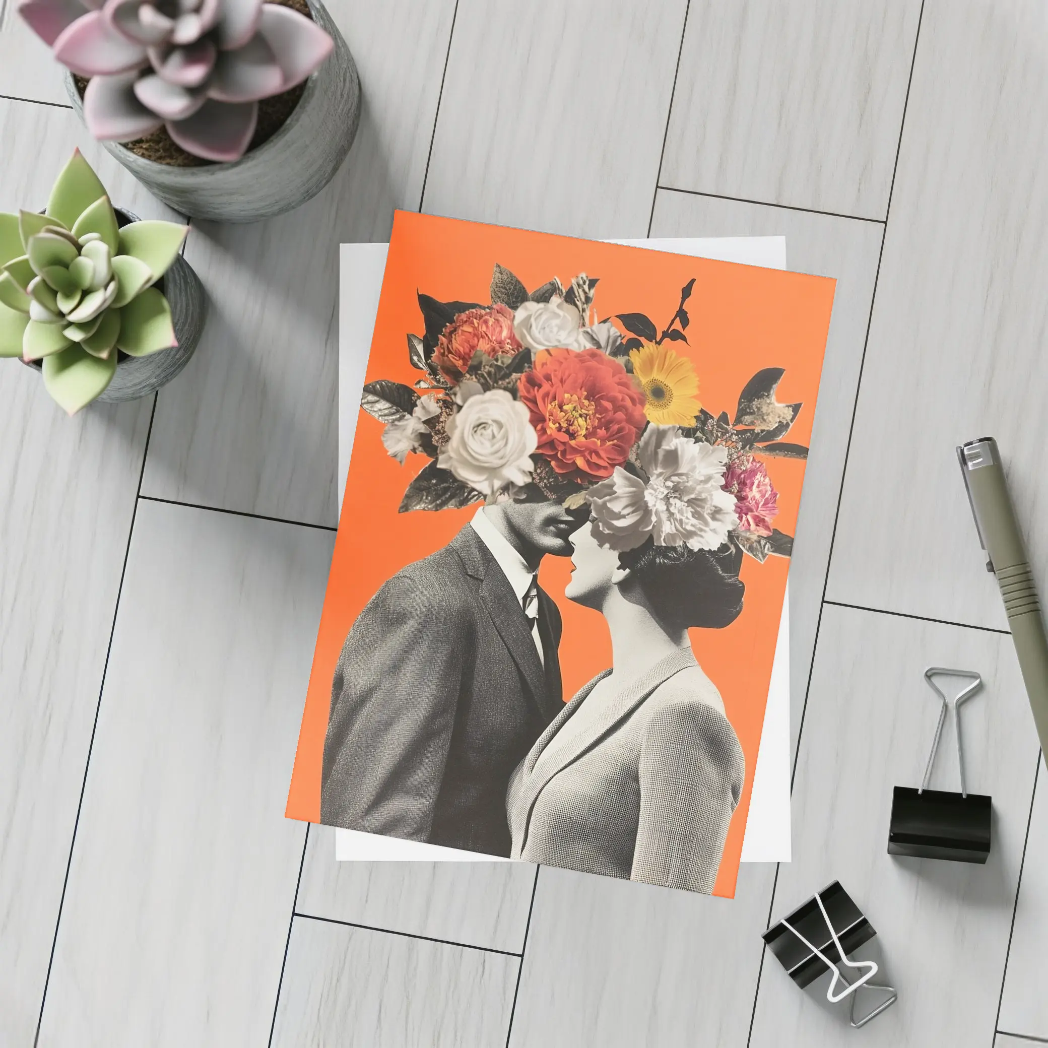 Floral Collage Couple Orange Background Art – Postcards