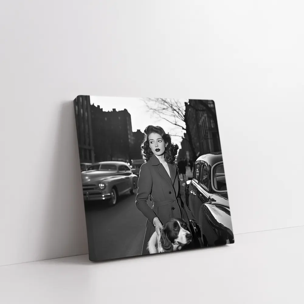 Retro Woman With Spaniel City Street – Wall Art