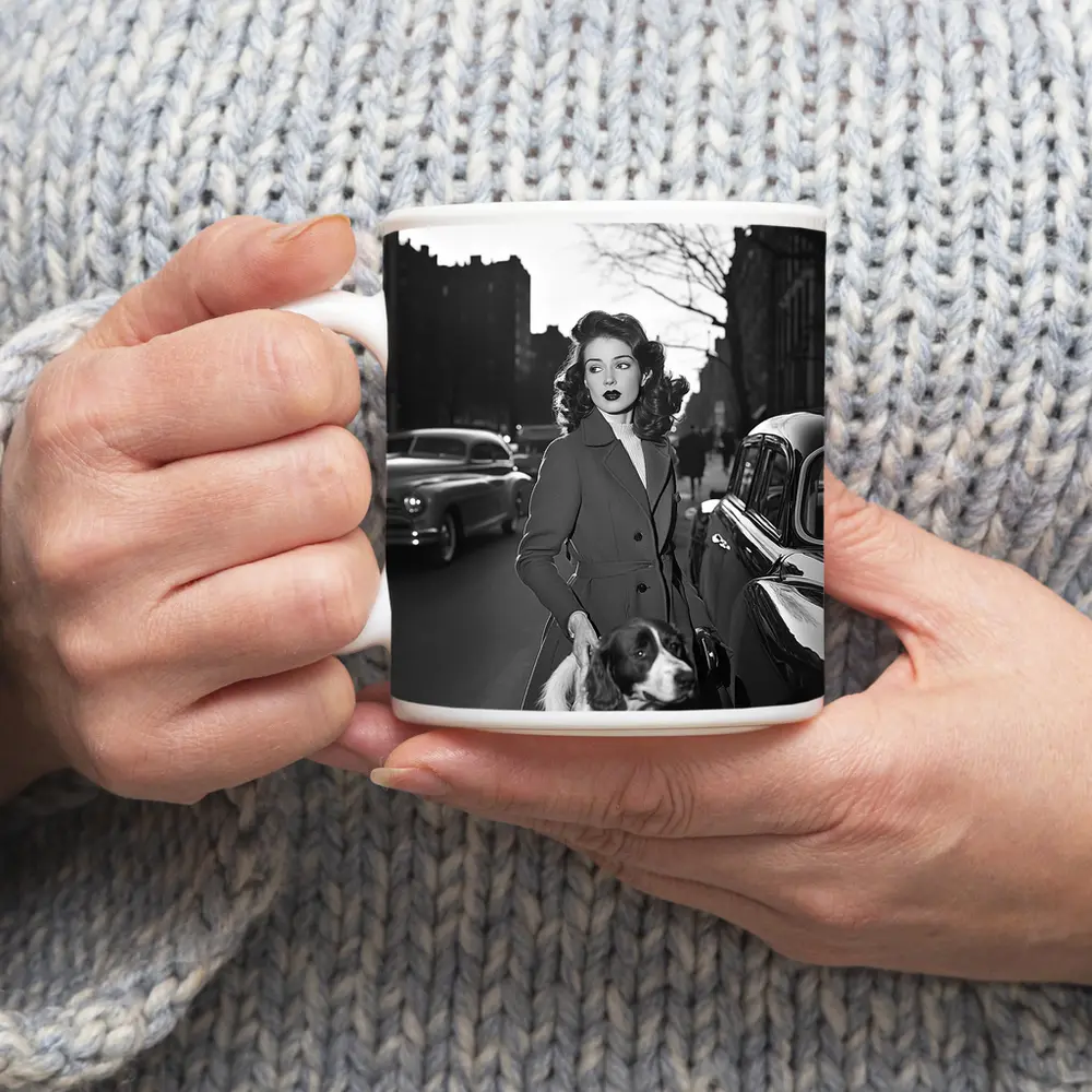Retro Woman With Spaniel City Street – Mugs