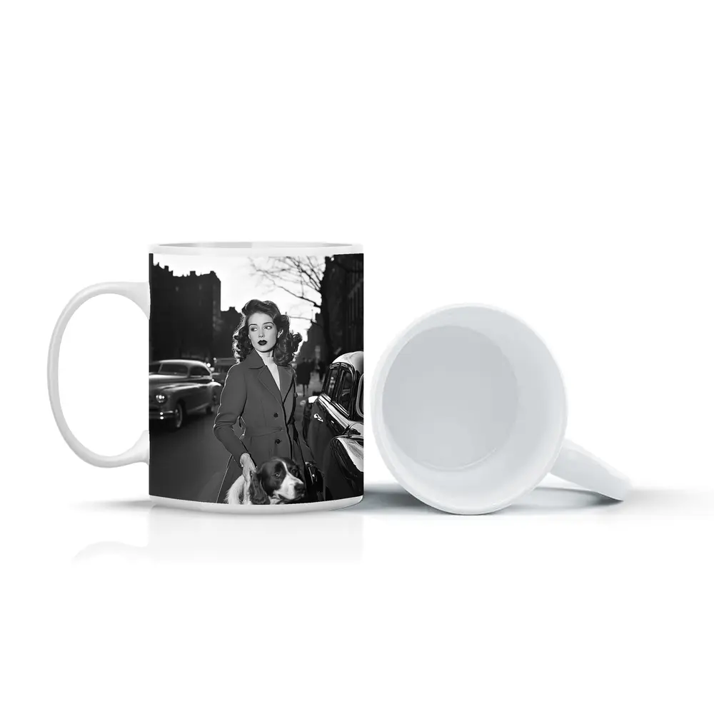 Retro Woman With Spaniel City Street – Mugs