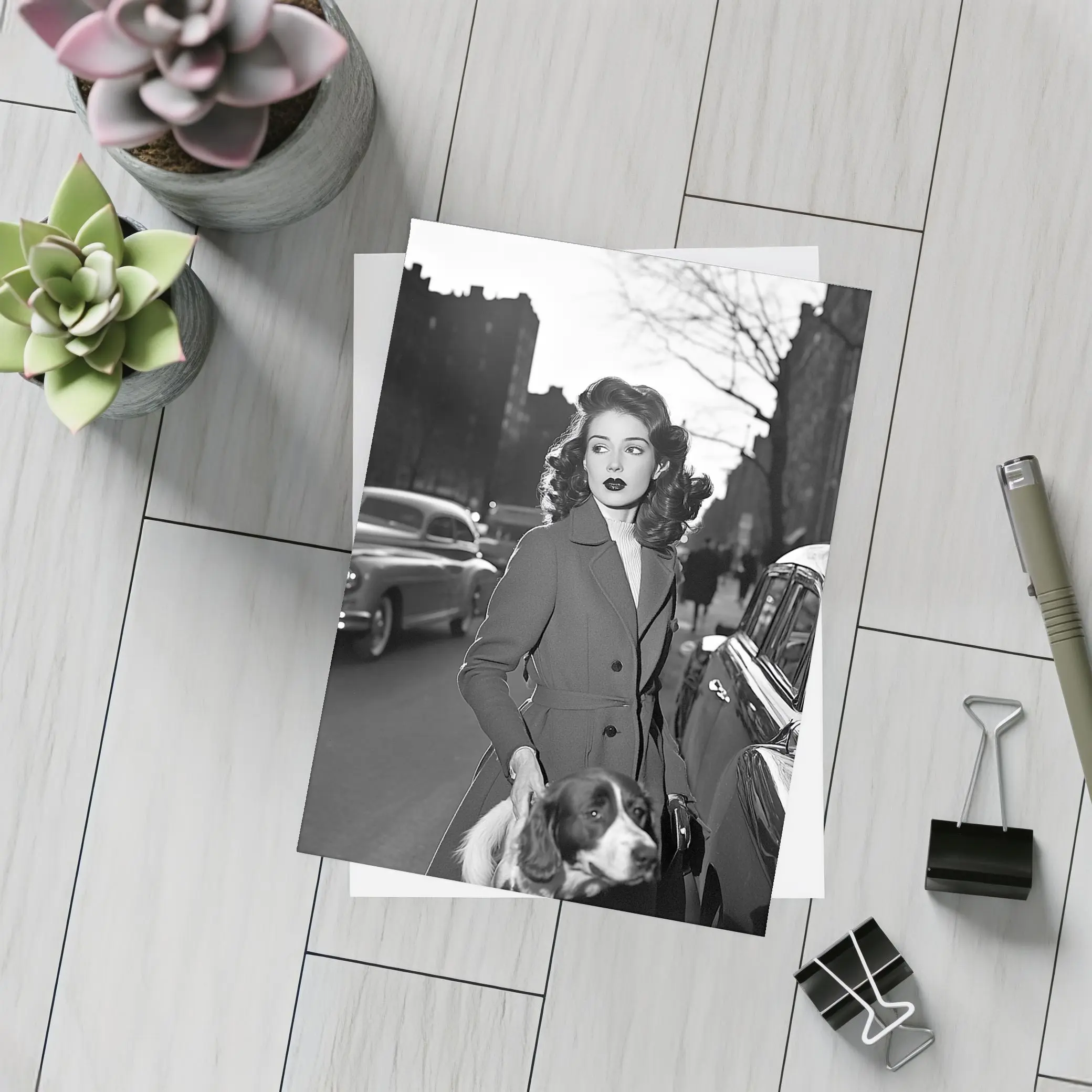 Retro Woman With Spaniel City Street – Postcards