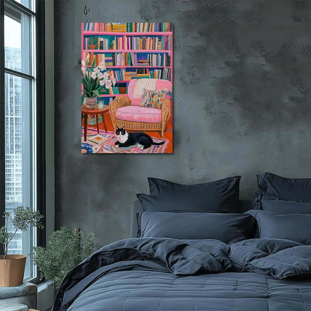 Tuxedo Cat Resting In Colorful Bookshelf Room – Wall Art