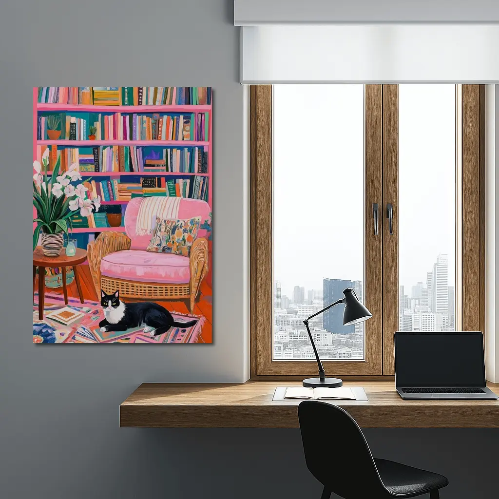 Tuxedo Cat Resting In Colorful Bookshelf Room – Wall Art
