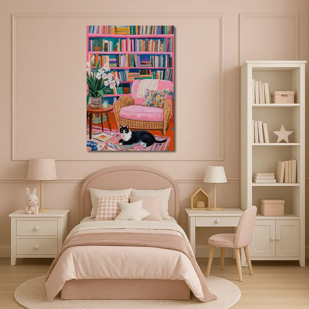 Tuxedo Cat Resting In Colorful Bookshelf Room – Wall Art