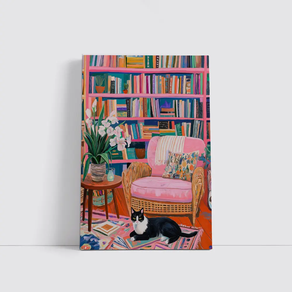 Tuxedo Cat Resting In Colorful Bookshelf Room – Wall Art