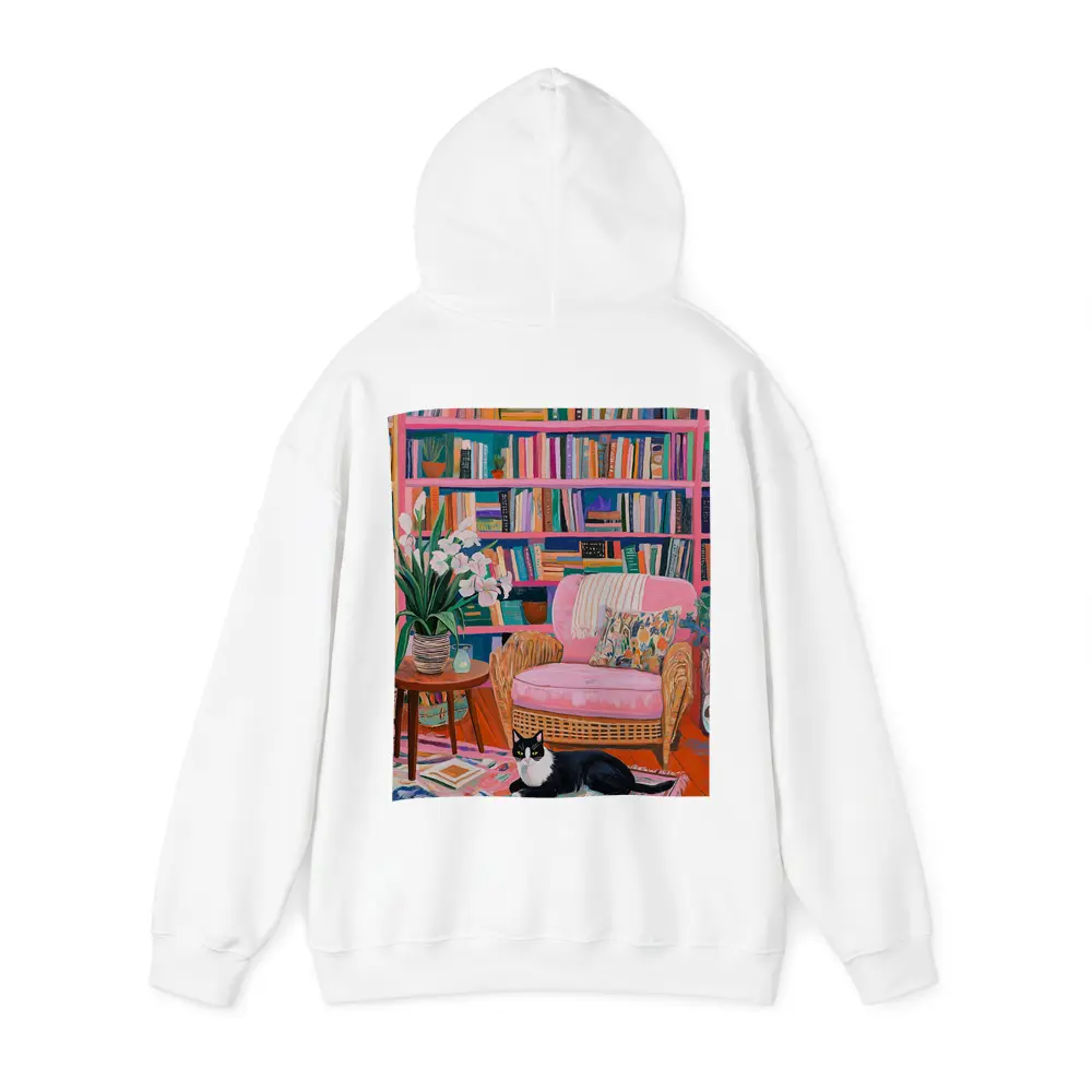 Tuxedo Cat Resting In Colorful Bookshelf Room – Hoodies