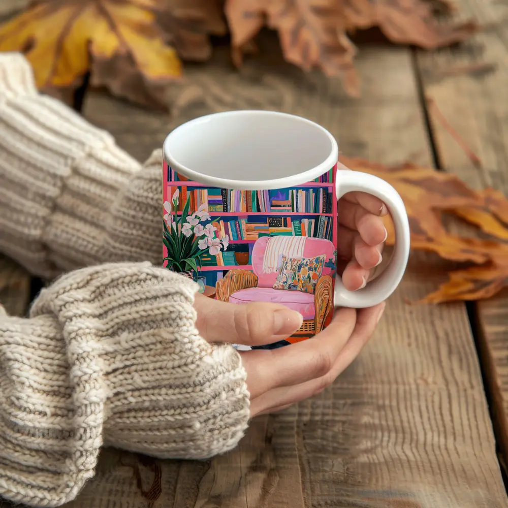 Tuxedo Cat Resting In Colorful Bookshelf Room – Mugs