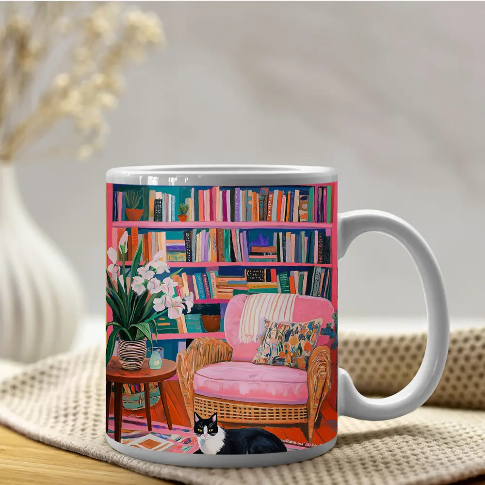 Tuxedo Cat Resting In Colorful Bookshelf Room – Mugs