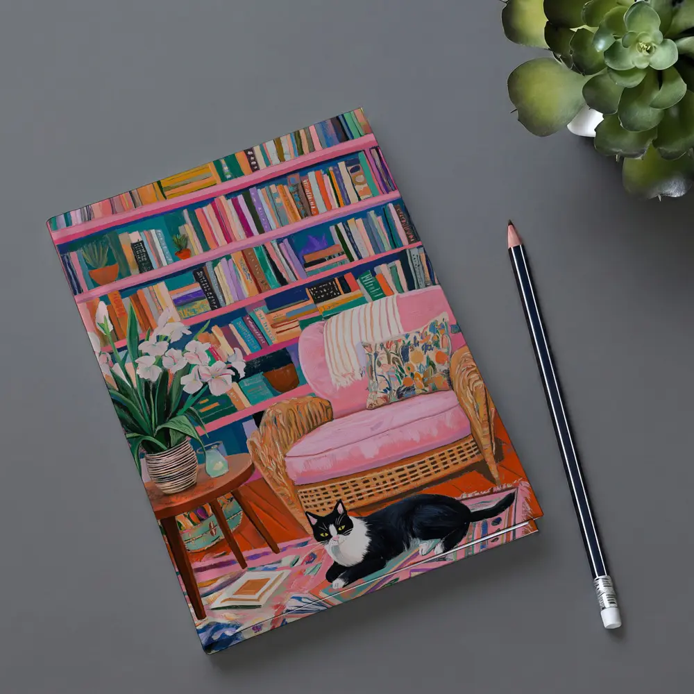 Tuxedo Cat Resting In Colorful Bookshelf Room – Notebooks