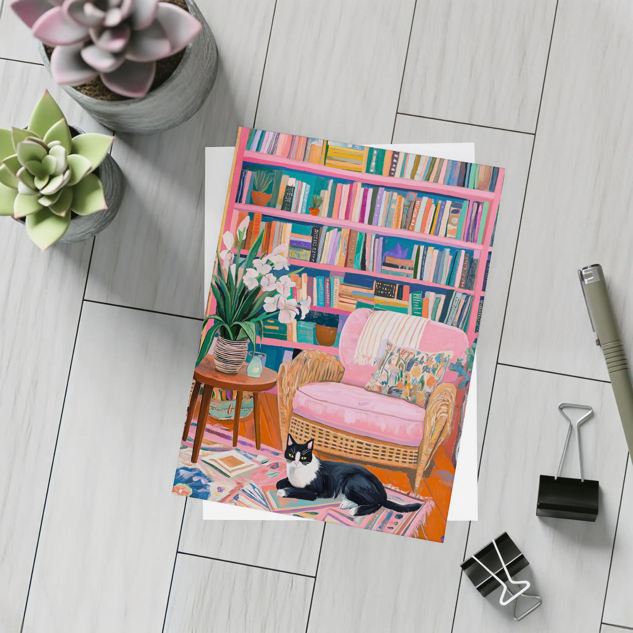 Tuxedo Cat Resting In Colorful Bookshelf Room – Postcards