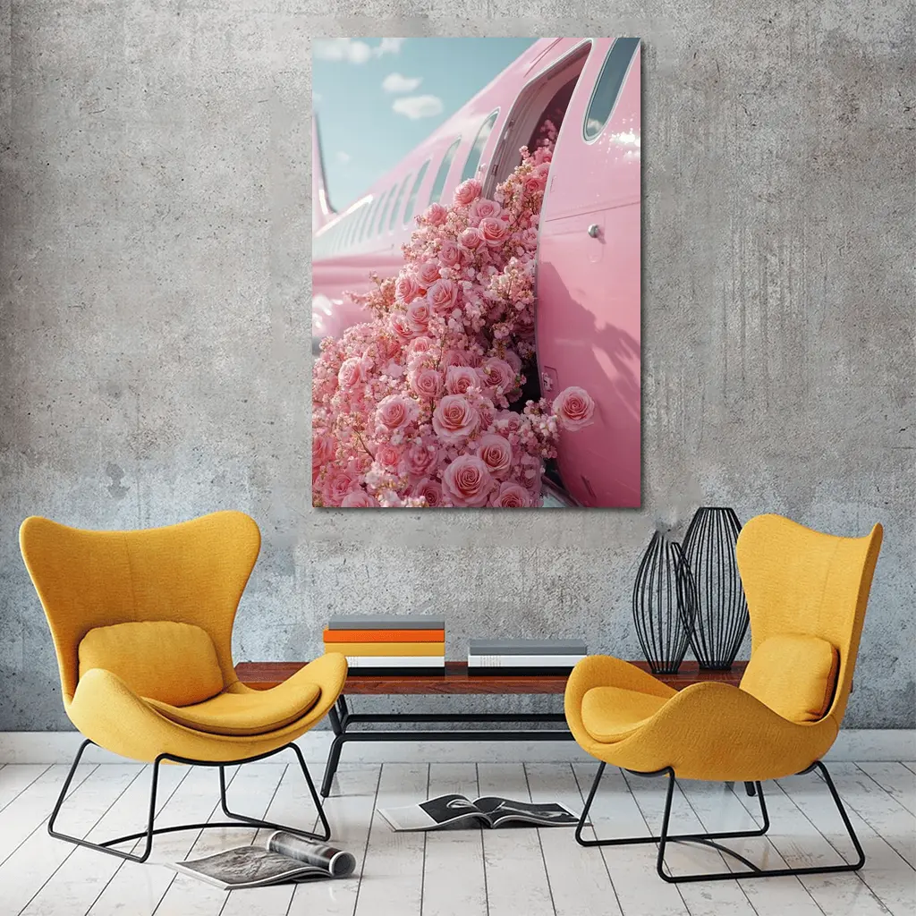 Pink Roses Overflowing From Airplane Door – Wall Art