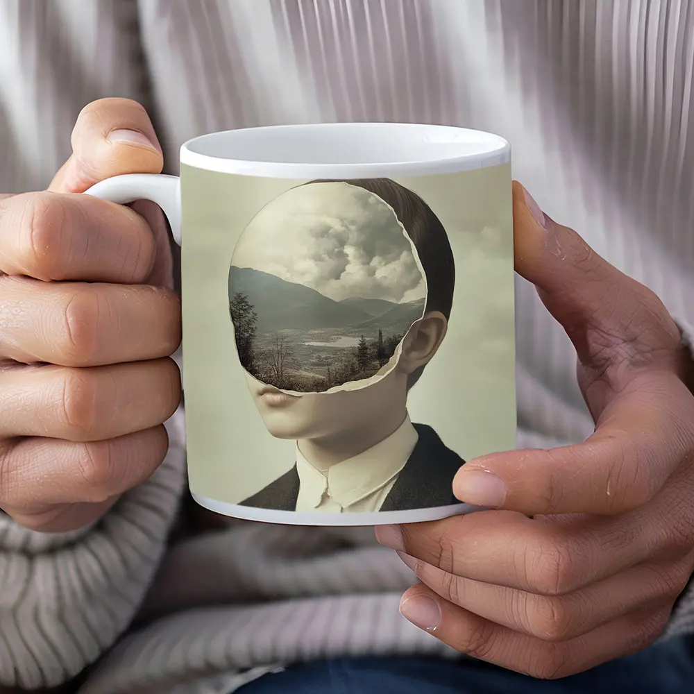 Surreal Portrait Figure Landscape Mountain Collage – Mugs