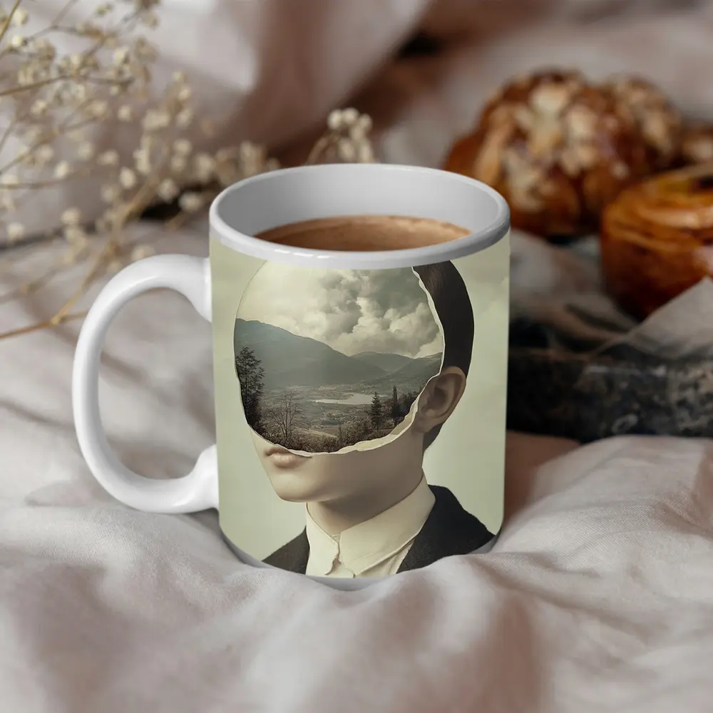 Surreal Portrait Figure Landscape Mountain Collage – Mugs