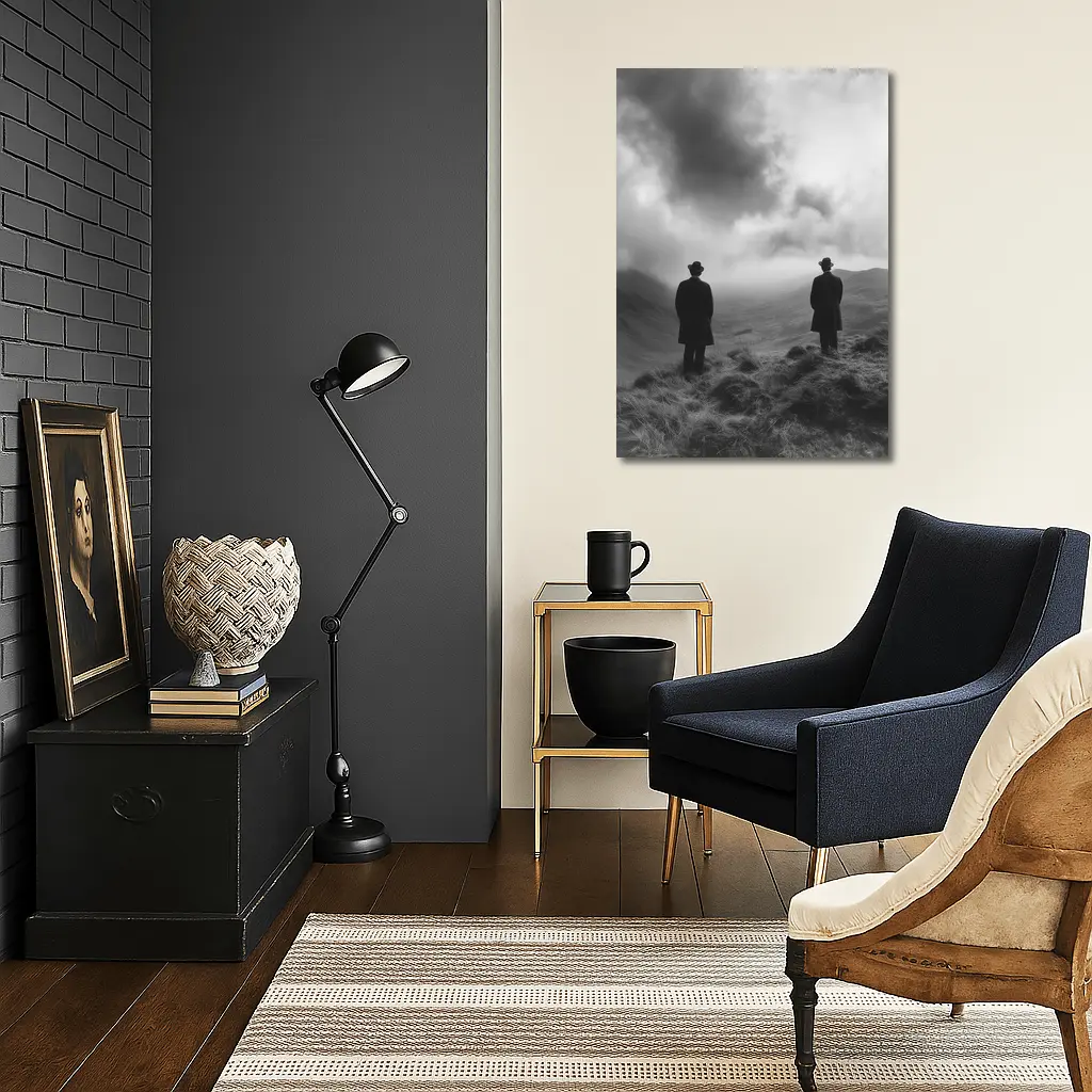Two Men Standing on Misty Highland Hills – Wall Art