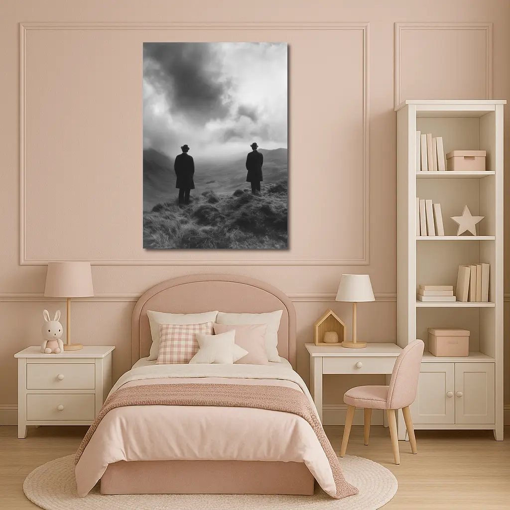 Two Men Standing on Misty Highland Hills – Wall Art